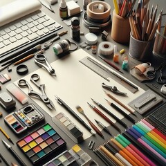 A table adorned with art items such as a pen holder, cutter, paper, and color.