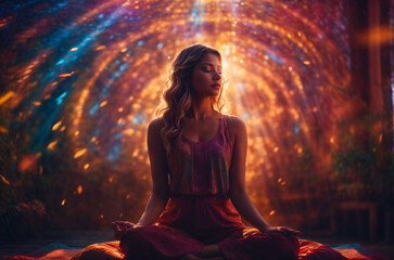 Woman sitting in meditation, lotus pose in a cosmic rays of light, connecting with the universe, copy space. Mental health, self care, fitness, mindfulness, wellbeing concept.