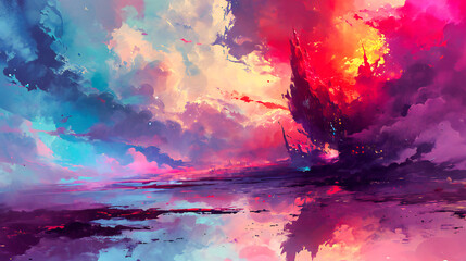 Abstract Colorful Art Painting, Watercolor Illustration with Bright Landscape Texture, Artistic Background with Vibrant Colors