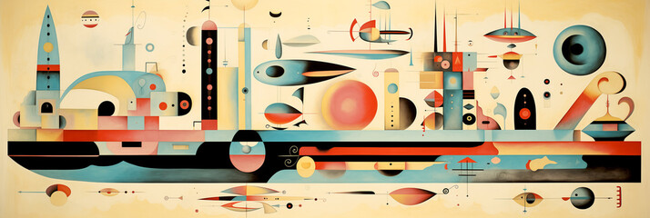 Abstract retro futuristic illustration. horizontal illustration, poster, fantasy. Graphic creative image.