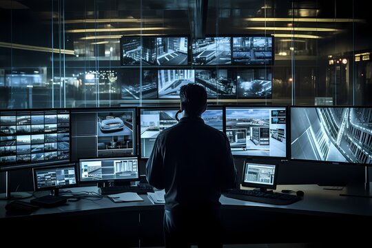 A security guard monitoring surveillance screens in a control room.
