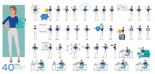 Big Set of working woman wear blue shirt color  character vector design. Presentation in various action. People working in office planning, thinking and economic analysis.
