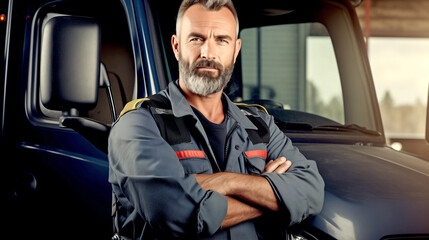 Obraz premium Portrait of a Truck Driver Looking at the Camera