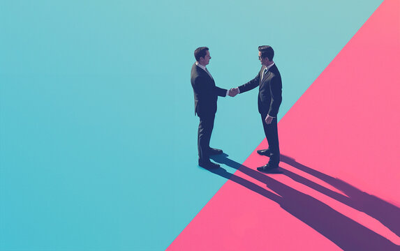 Businessmen shaking hands, contrast color background. Business deal, merger and acquisition concept.
