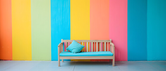 Wooden Bench in Front of Colorful Wall