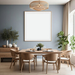 Mockup vertical poster wood frame in modern interior dining room background