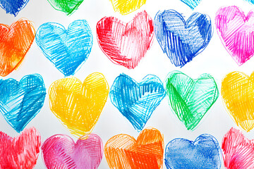 A charming Valentine hearts seamless pattern, hand-drawn with a childlike touch on a white paper.