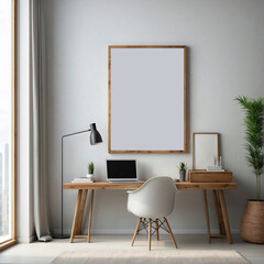 Mockup vertical poster wood frame in modern interior home office background