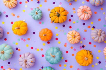 Fototapeta na wymiar Flat lay of a small pastel color pumpkins pattern with confetti on a pastel purple background, creating a whimsical and festive scene. Halloween concept