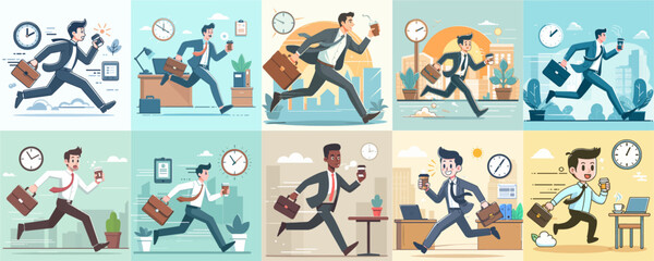 the character is a man running to work. morning businessman go with coffee in a Modern flat vector illustration style with a simple and minimalist flat design style