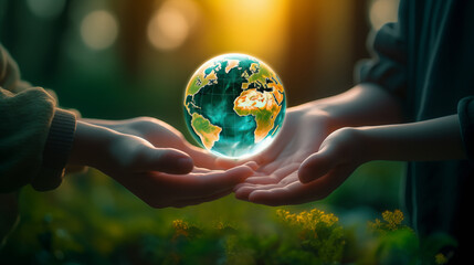 Sustainable development. Hands cradle a fragile Earth, symbolizing global care, environmental protection, and the shared responsibility to preserve our planet