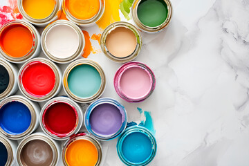 Capture a top view of open paint cans in neutral colors on a light background, creating a minimalist and clean aesthetic.