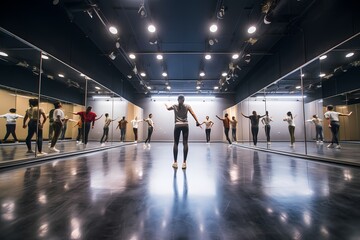 A dance instructor leading a class in a spacious, mirrored studio.
