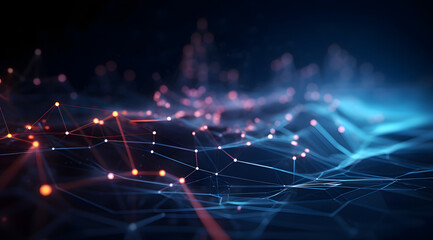 Fototapeta premium Abstract geometric network on dark blue background, illustrating the concept of network line connections and data connections. Blue lines connected with dots illustrate the network structure.