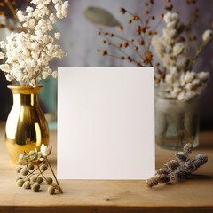 Mockup white blank space card, for greeting, table number, wedding invitation template on wedding table setting background. with clipping path. Generative Ai