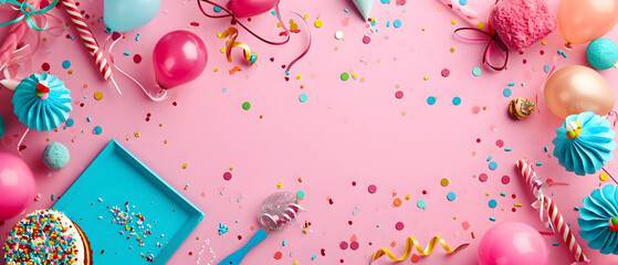 Pink Table Adorned With Balloons and Confetti
