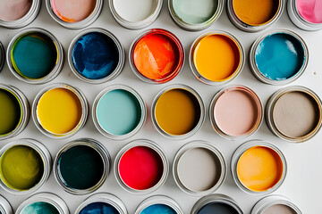 Fototapeta premium Capture a top view of open paint cans in neutral colors on a light background, creating a minimalist and clean aesthetic.