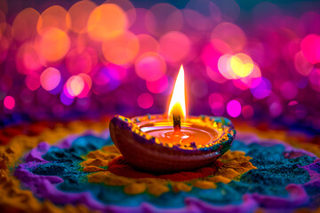 A Diwali Diya lamp placed in the center of a vibrant Rangoli design, set against a magenta bokeh background.
