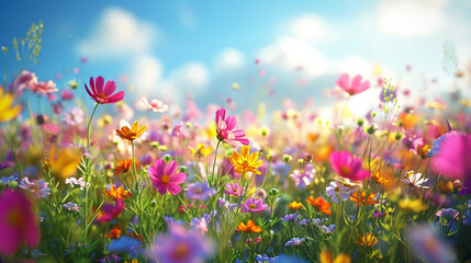 A field of vibrant wildflowers swaying in the breeze, creating a colorful and picturesque scene. Vibrant, field, daytime, wildflowers - obrazy, fototapety, plakaty