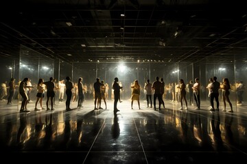 A group of people practicing a dance routine in a mirrored studio, the room filled with energetic music and synchronized movements. - obrazy, fototapety, plakaty
