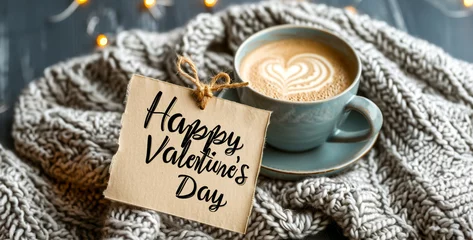 Foto op Plexiglas Cup of coffee and card with text Happy Valentine's Day.Cup of coffee with card and knitted scarf on wooden background © Kashif Ali 72