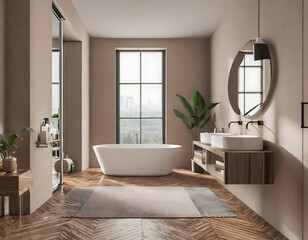 Beige bathroom interior with double sink and mirror, carpet on hardwood floor, bathtub, plan. Generative AI.