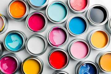 Capture a top view of open paint cans in neutral colors on a light background, creating a minimalist and clean aesthetic.