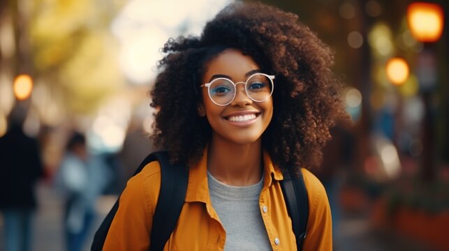 Beautiful Student Black Girl with Backpack and Glasses in the Park, Autumn. Education Learning
 - Powered by Adobe