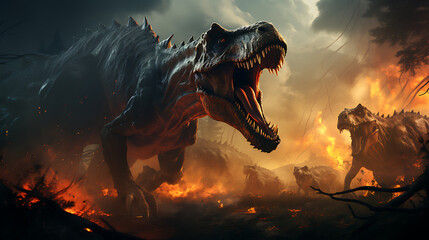 Dinosaurs fleeing to remind themselves of the collision between the planet and Earth, like the...