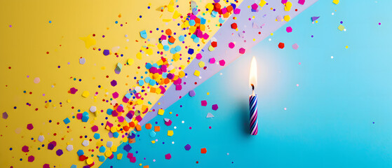 Birthday Candle With Confetti on Blue and Yellow Background - obrazy, fototapety, plakaty