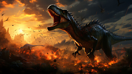 Dinosaurs fleeing to remind themselves of the collision between the planet and Earth, like the...