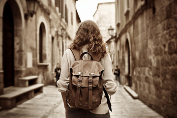 Create a nostalgic vibe with a vintage-inspired rear view of a teenage girl with a backpack exploring a charming street. Add film grain, subtle sepia tones to evoke the look and feel. 