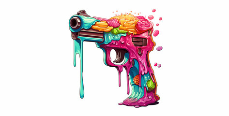 Illustration of a colorful gun with a splash of paint on a white background