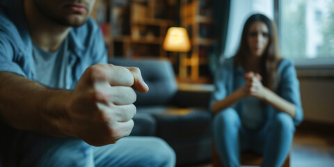 Anger abuse and domestic violence concept. Man threatening wife and kids with his fist. Scared mother and child sitting together on couch in scare. Selective Focus on male hand - obrazy, fototapety, plakaty