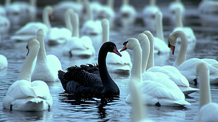 Black swan among white swans. the concept of uniqueness and unexpectedness. philosophical phenomenon. Generative AI