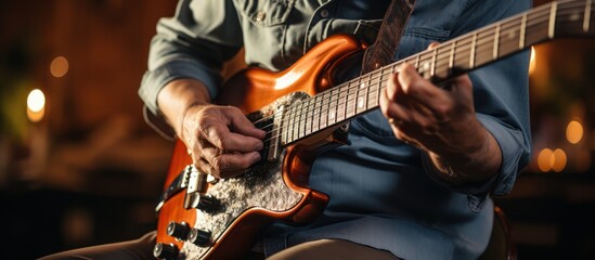 close up of man playing guitar, blurred background