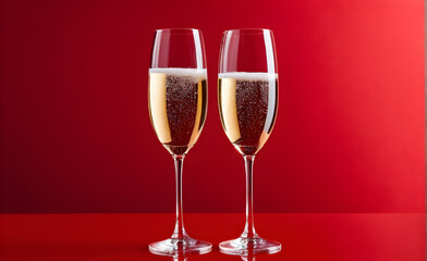 Two champagne glasses on a simple red background, Valentine's Day, Christmas. Generative AI
