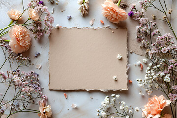 Post paper Card Mockup, Wedding Invitation card Mockup Flat lay Photography against the dried plant and white flowers
