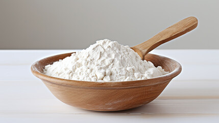 Fototapeta na wymiar A heap of flour in a bowl on a table.