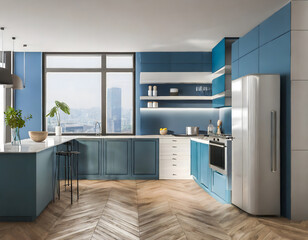 Blue and white kitchen interior with cooking area with kitchenware, hardwood floor. Generative AI.