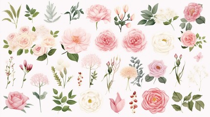 Pink rose, hydrangea, dahlia, white peony, magnolia, ranunculus, spring garden flowers, eucalyptus, greenery, fern, vector design big set. Wedding summer collection. isolated. Generative Ai - obrazy, fototapety, plakaty
