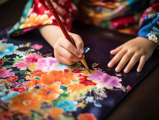 和服で鮮やかな花を描く子供