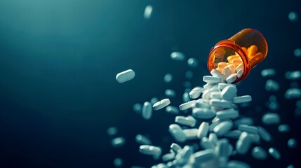 A thought-provoking image of prescription opioids, with a bottle and pills falling against a dark blue background, capturing the gravity of addiction, the opioid crisis, and overdose issues - obrazy, fototapety, plakaty