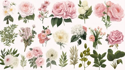 Pink rose, hydrangea, dahlia, white peony, magnolia, ranunculus, spring garden flowers, eucalyptus, greenery, fern, vector design big set. Wedding summer collection. isolated. Generative Ai - obrazy, fototapety, plakaty