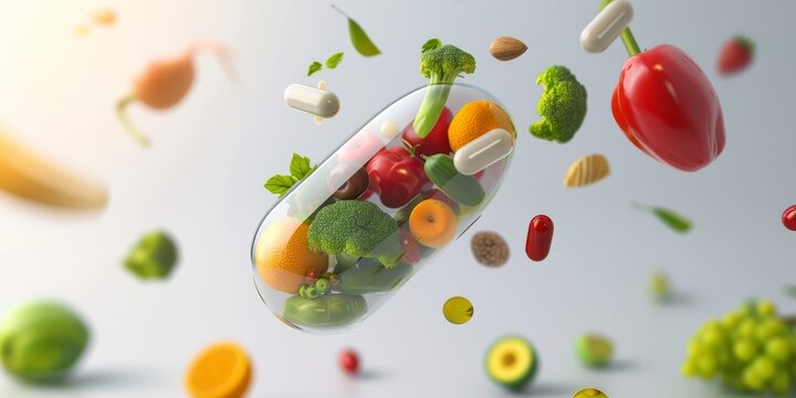 Vitamin pill capsule with fruits and vegetables. Nutrition supplemet and health eating concept