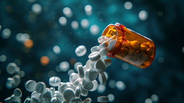 A thought-provoking image of prescription opioids, with a bottle and pills falling against a dark blue background, capturing the gravity of addiction, the opioid crisis, and overdose issues