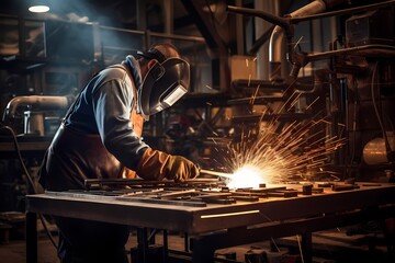 A welder working on a metal structure in a spacious workshop.