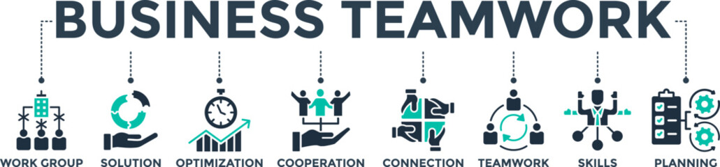 Business teamwork banner web icon concept with the icon of work group, solution, optimization, cooperation, connection, teamwork, skills, and planning. Vector illustration