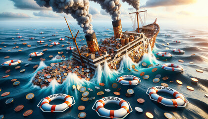 Sinking Financial Ship made entirely of coins and currency notes: lifebuoys with the word DEFLATION Amidst Turbulent Waters indicating the economic distress
