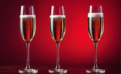 Three champagne glasses on a simple red background, Valentine's Day, Christmas. Generative AI